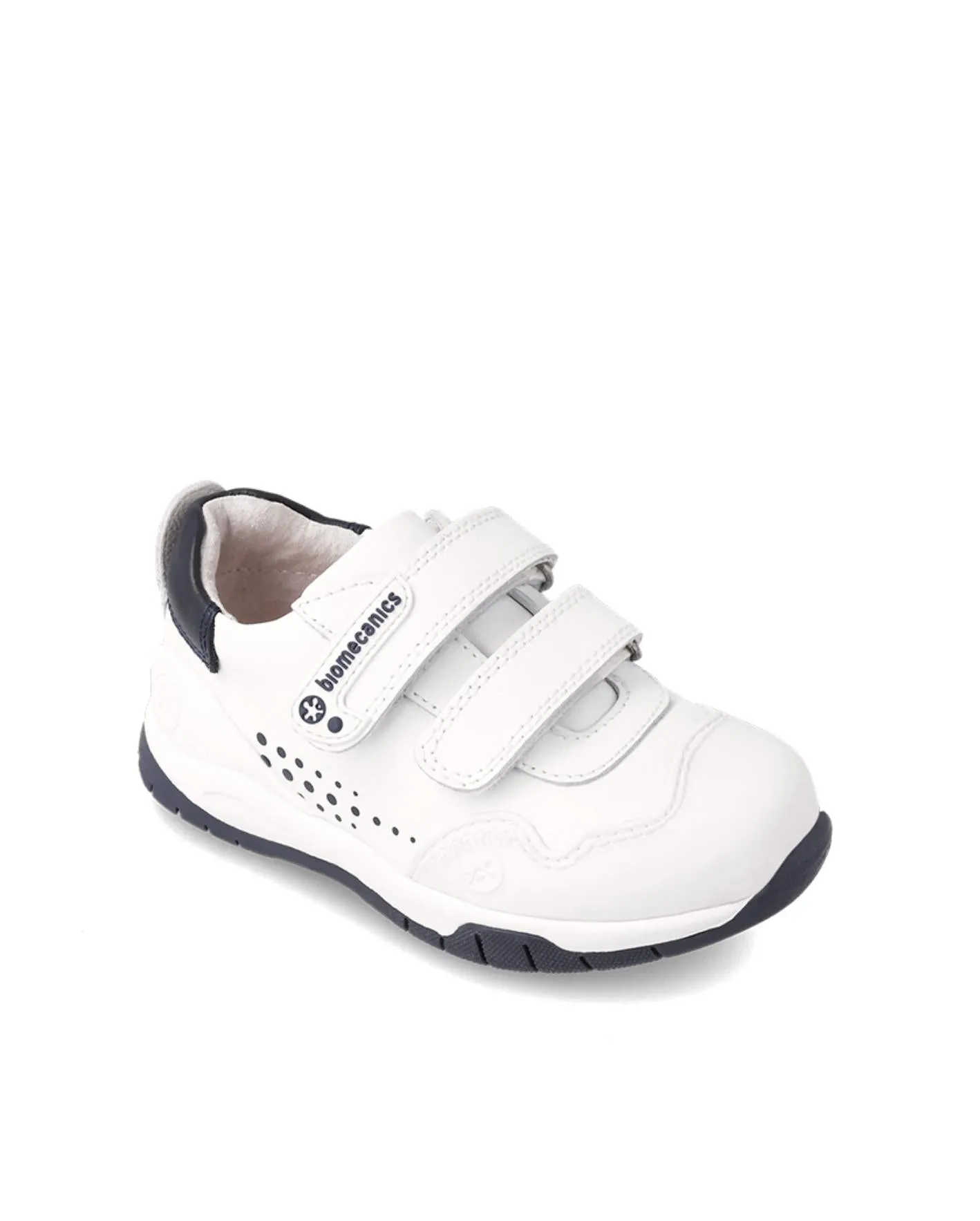 White double velcro sneaker with navy details