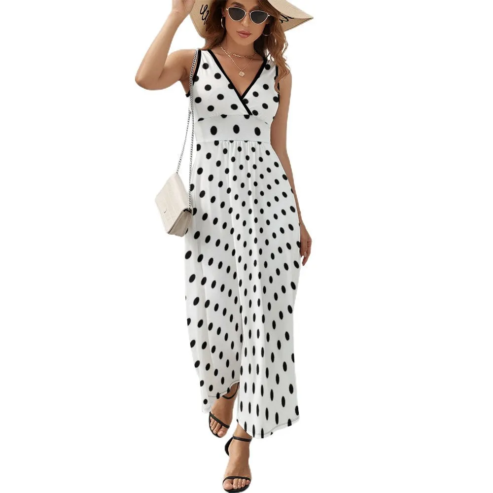 White With Black Polka Dots Women's Long Sleeveless Dress