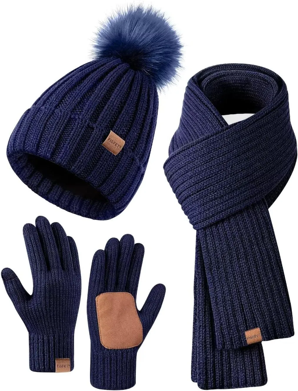 Winter Beanie Hat, Scarf & Gloves Set – Pom Pom Beanie, Neck Warmer & Touchscreen Gloves 3-in-1