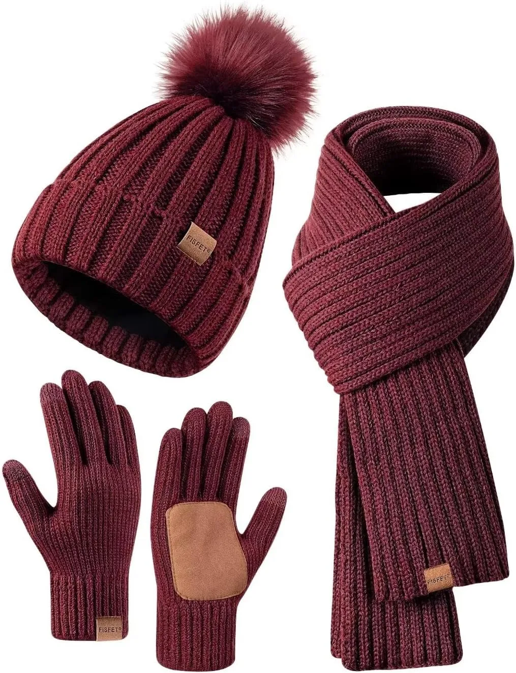 Winter Beanie Hat, Scarf & Gloves Set – Pom Pom Beanie, Neck Warmer & Touchscreen Gloves 3-in-1