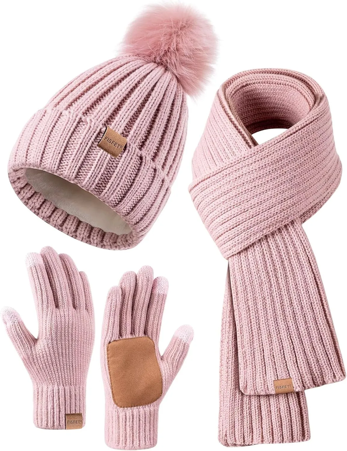 Winter Beanie Hat, Scarf & Gloves Set – Pom Pom Beanie, Neck Warmer & Touchscreen Gloves 3-in-1