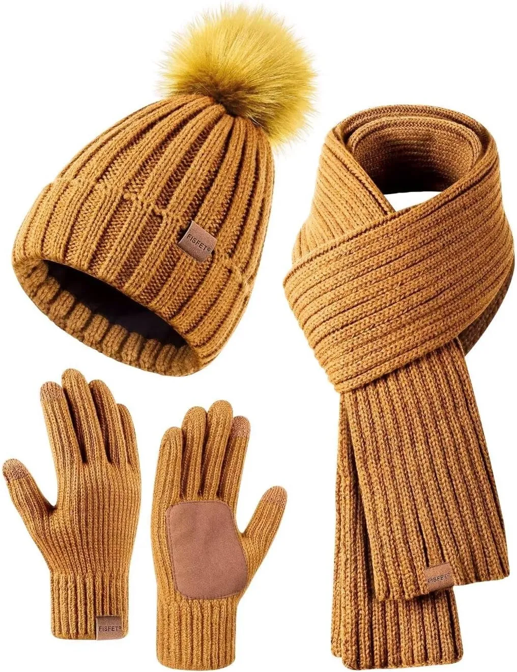 Winter Beanie Hat, Scarf & Gloves Set – Pom Pom Beanie, Neck Warmer & Touchscreen Gloves 3-in-1