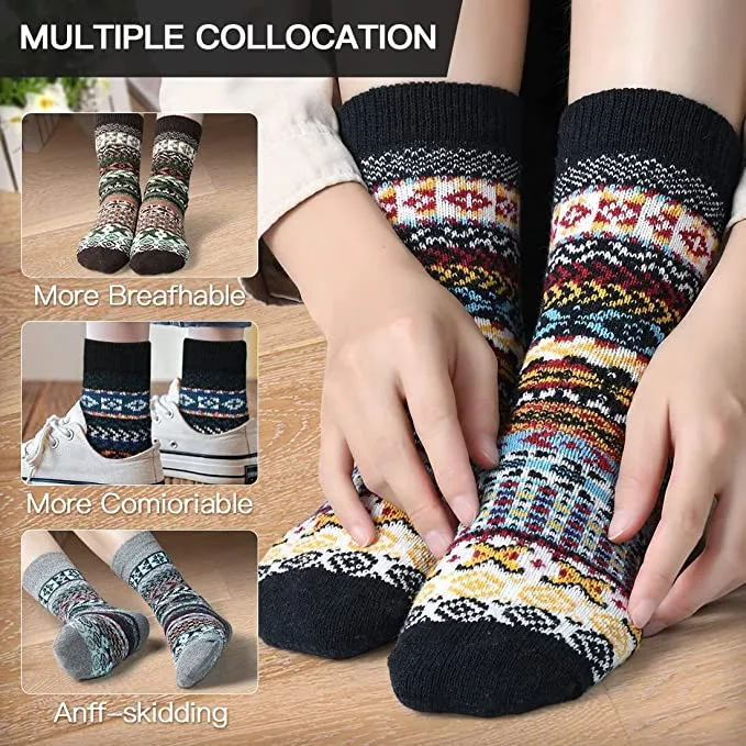 Winter Socks - #08LFWKCKY-1  - 5 Pairs Womens Thick Knitted Wool Warm Socks