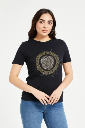 Women Black Rhinestones Embellished T-Shirt