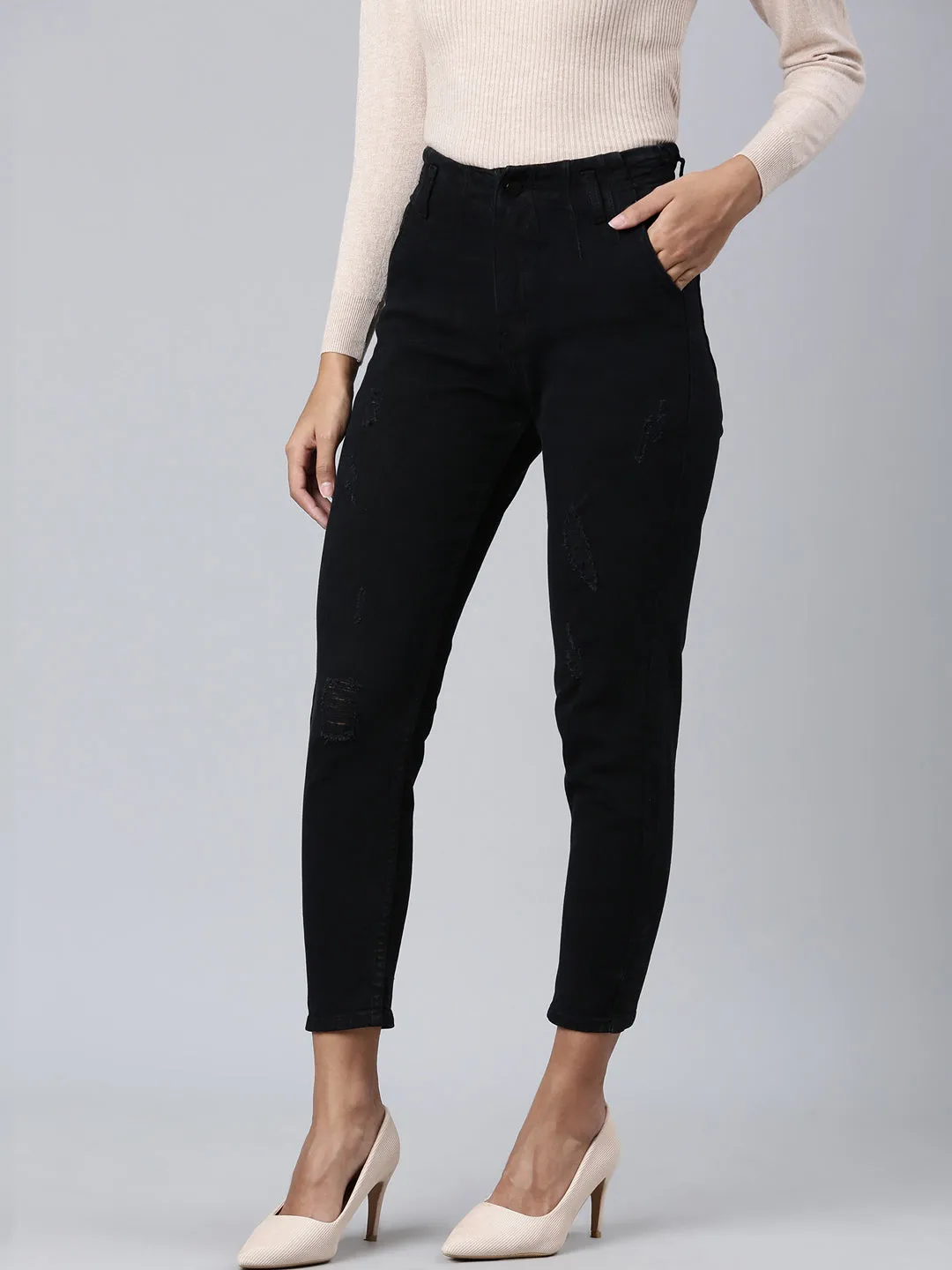 Women Black Solid Mom Fit Denim Jeans