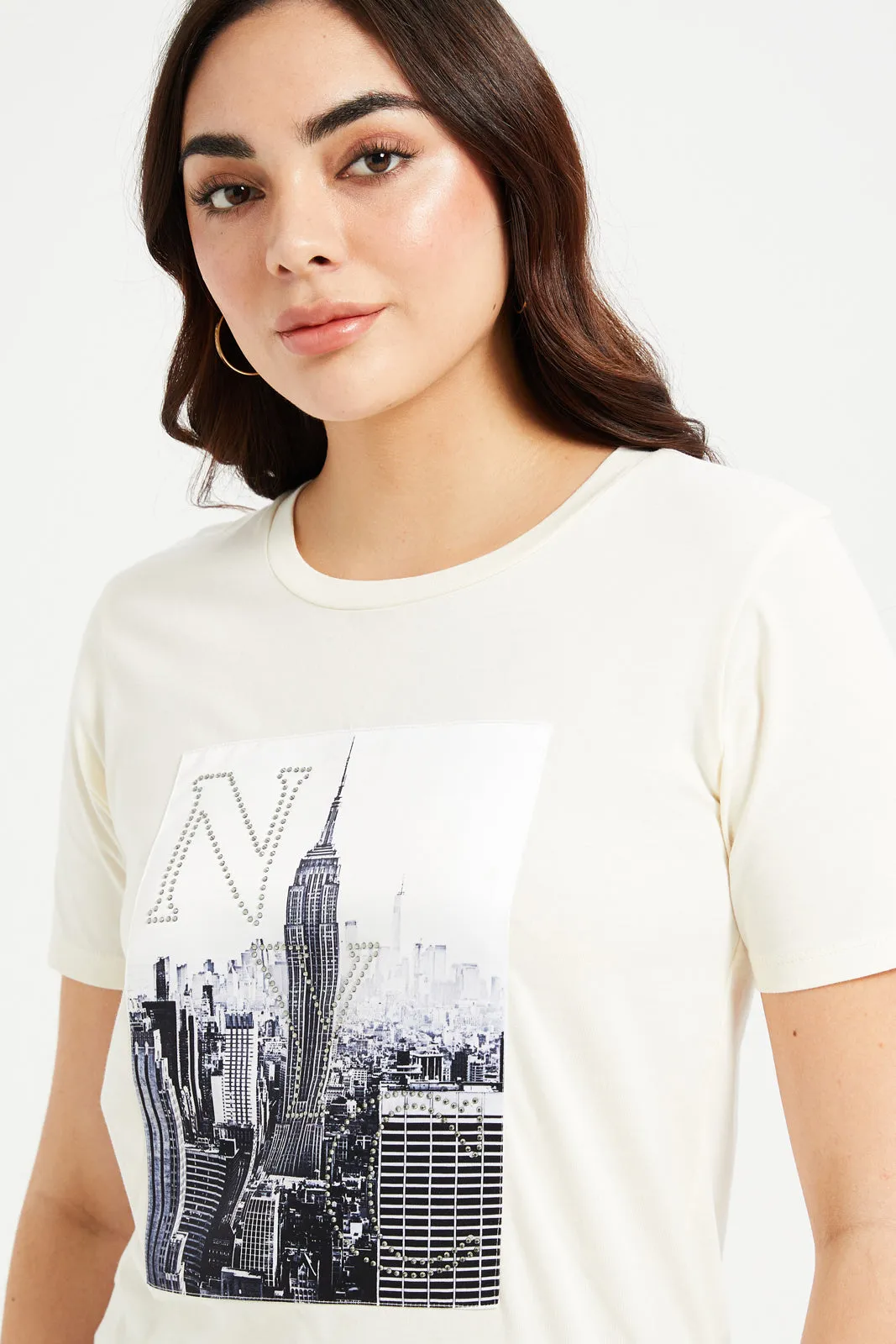 Women Cream NYC Embellished T-Shirt