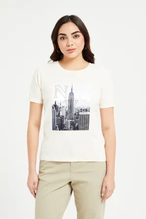 Women Cream NYC Embellished T-Shirt