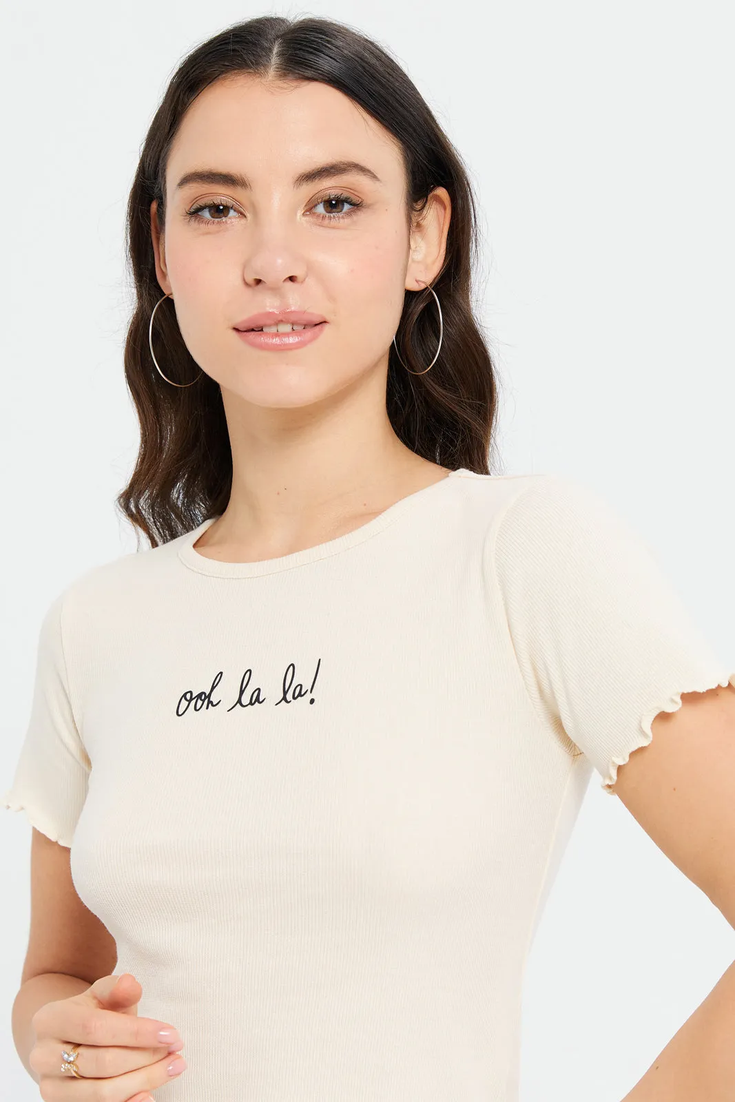 Women Cream Printed Rib T-Shirt