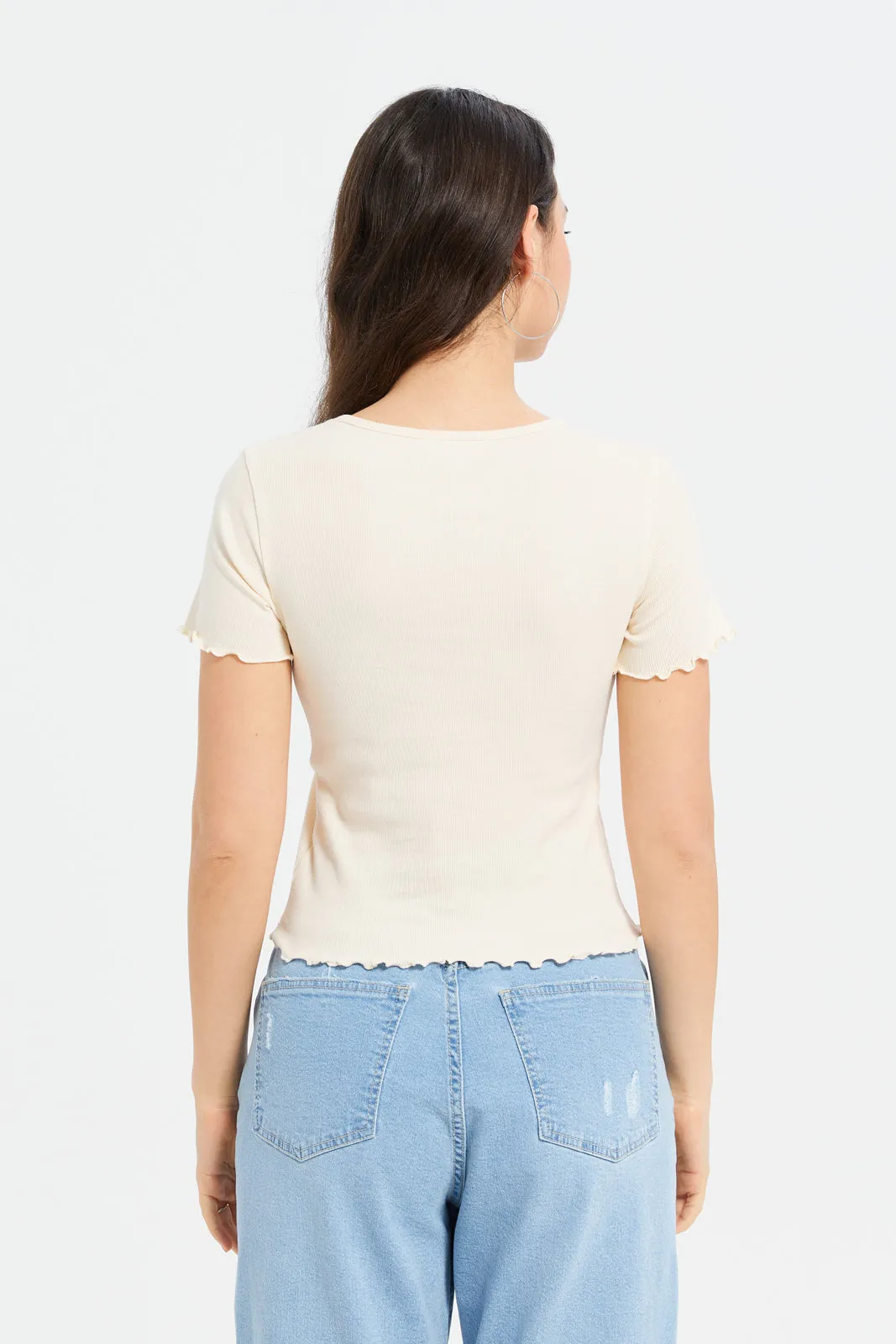 Women Cream Printed Rib T-Shirt