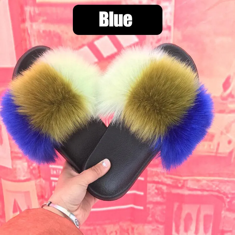 Women Fur Plush Fuzzy Furry Sliders Slippers Sandals Flip Flops Flat Shoes