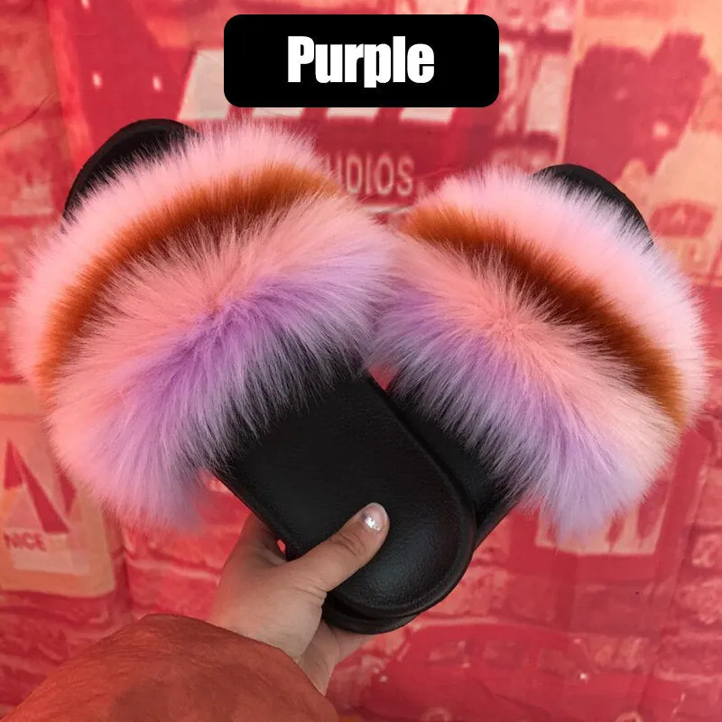 Women Fur Plush Fuzzy Furry Sliders Slippers Sandals Flip Flops Flat Shoes