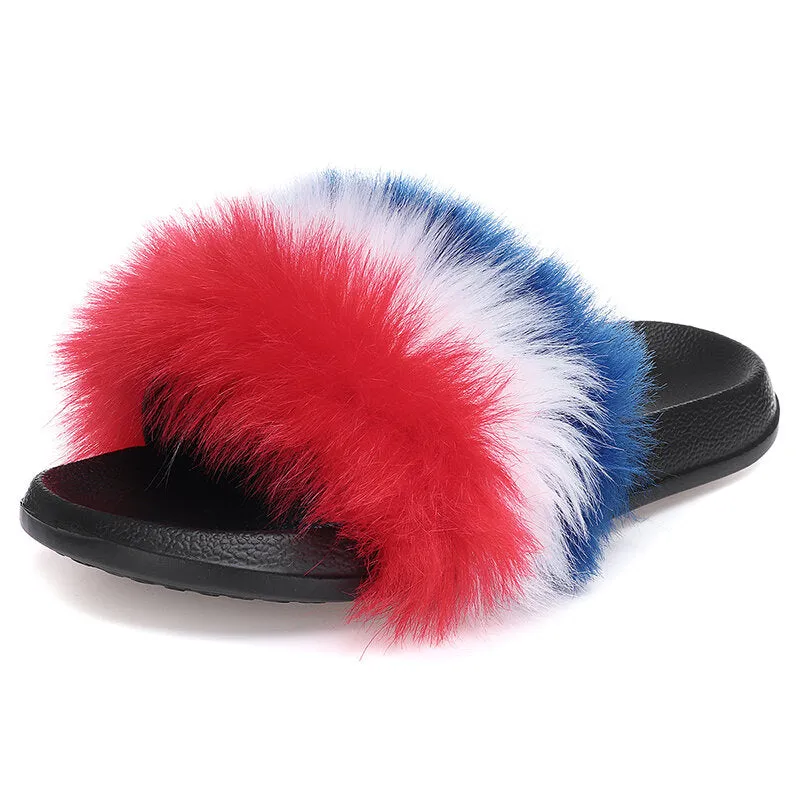 Women Fur Plush Fuzzy Furry Sliders Slippers Sandals Flip Flops Flat Shoes