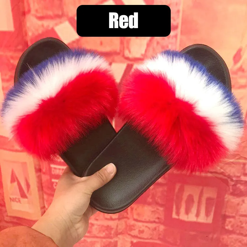 Women Fur Plush Fuzzy Furry Sliders Slippers Sandals Flip Flops Flat Shoes