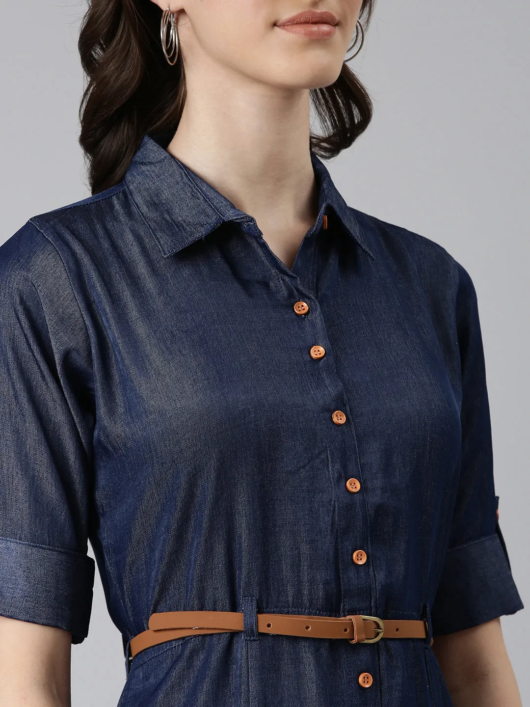 Women Navy Blue Solid Shirt Dress