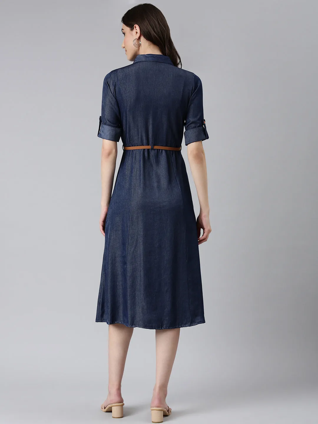 Women Navy Blue Solid Shirt Dress