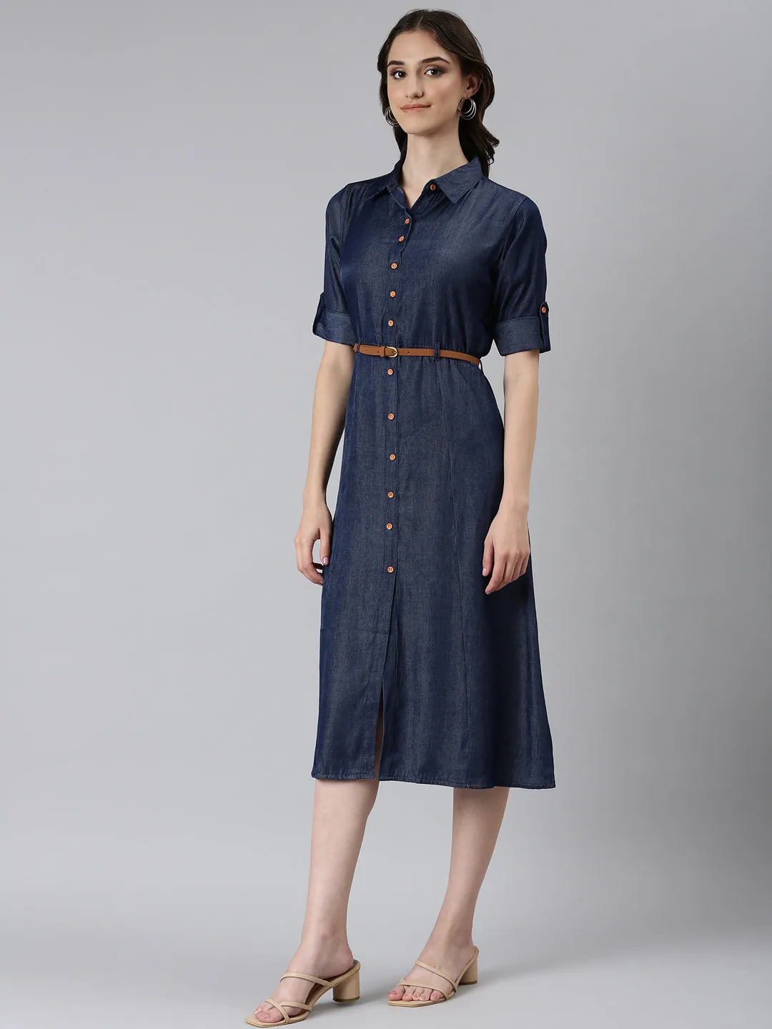 Women Navy Blue Solid Shirt Dress