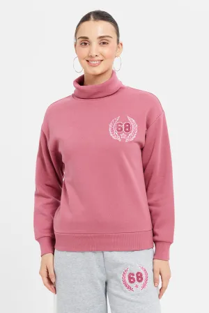 Women Pink High Embroidery Neck Sweatshirt