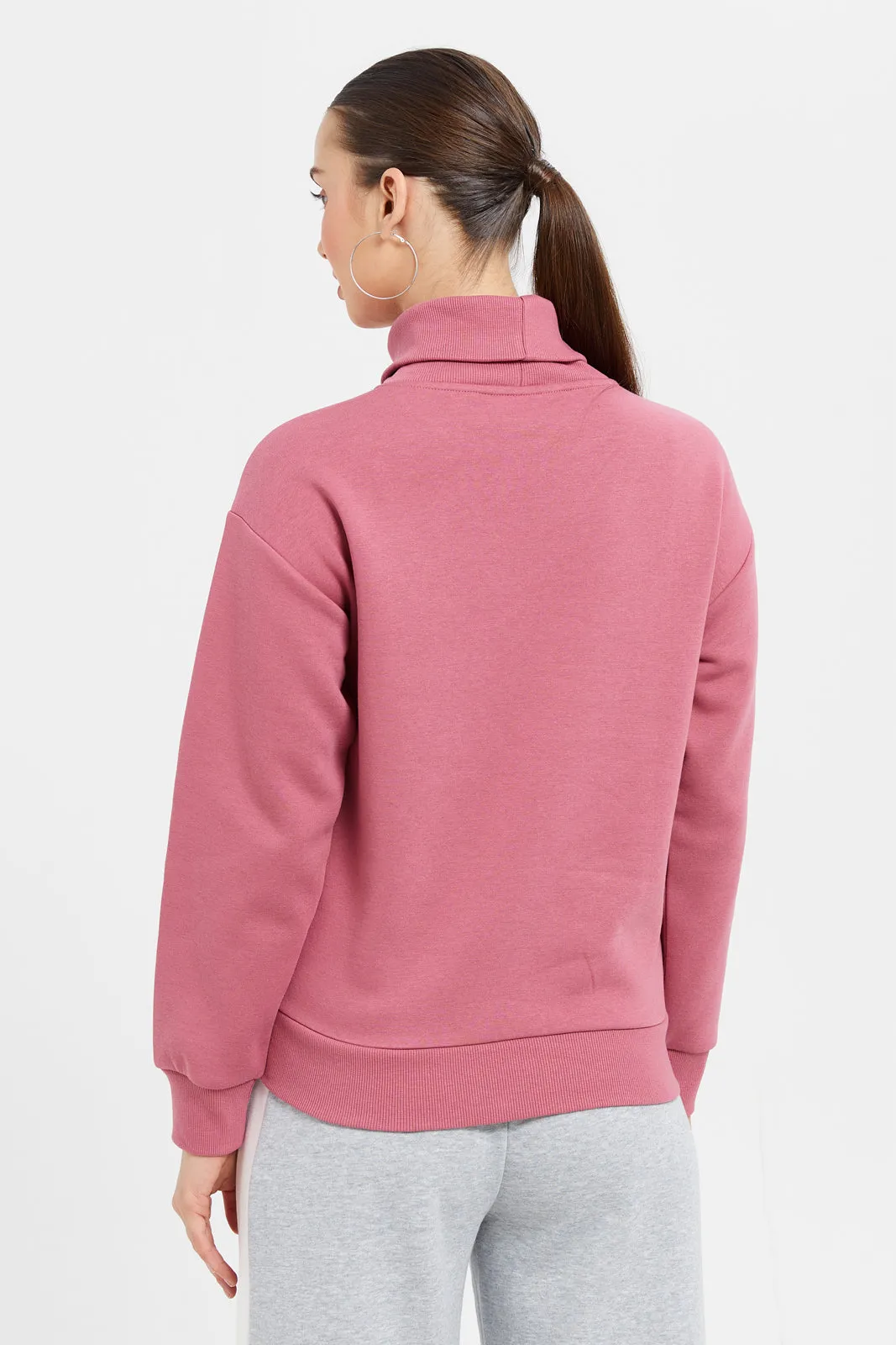 Women Pink High Embroidery Neck Sweatshirt