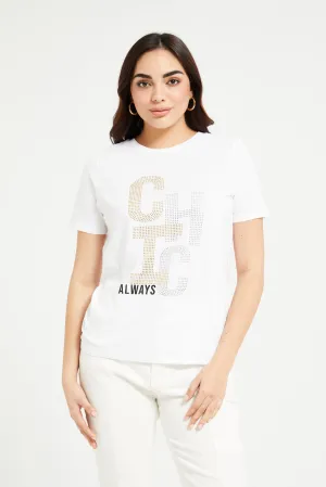 Women White Rhinestones Embellished T-Shirt