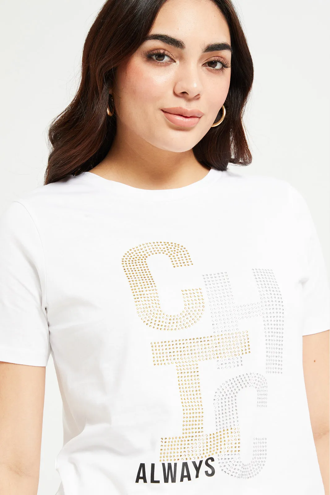 Women White Rhinestones Embellished T-Shirt