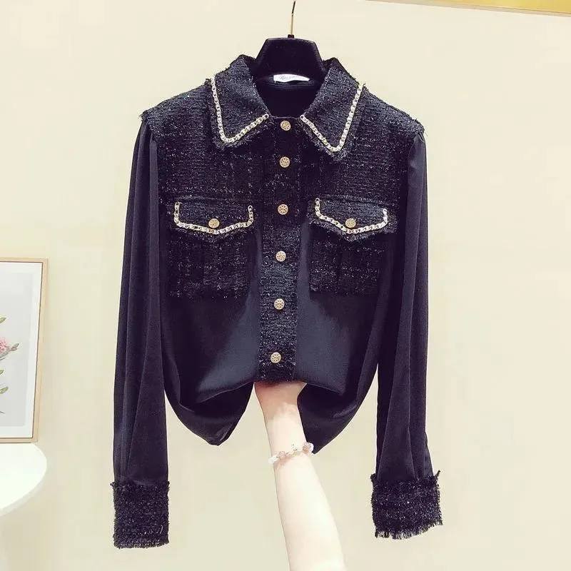 Women's Blouses Shirts Runway Designer Autumn Shirt Top Fashion Women Tweed Patchwork Chiffon Gold Single Breasted Tassel Weave