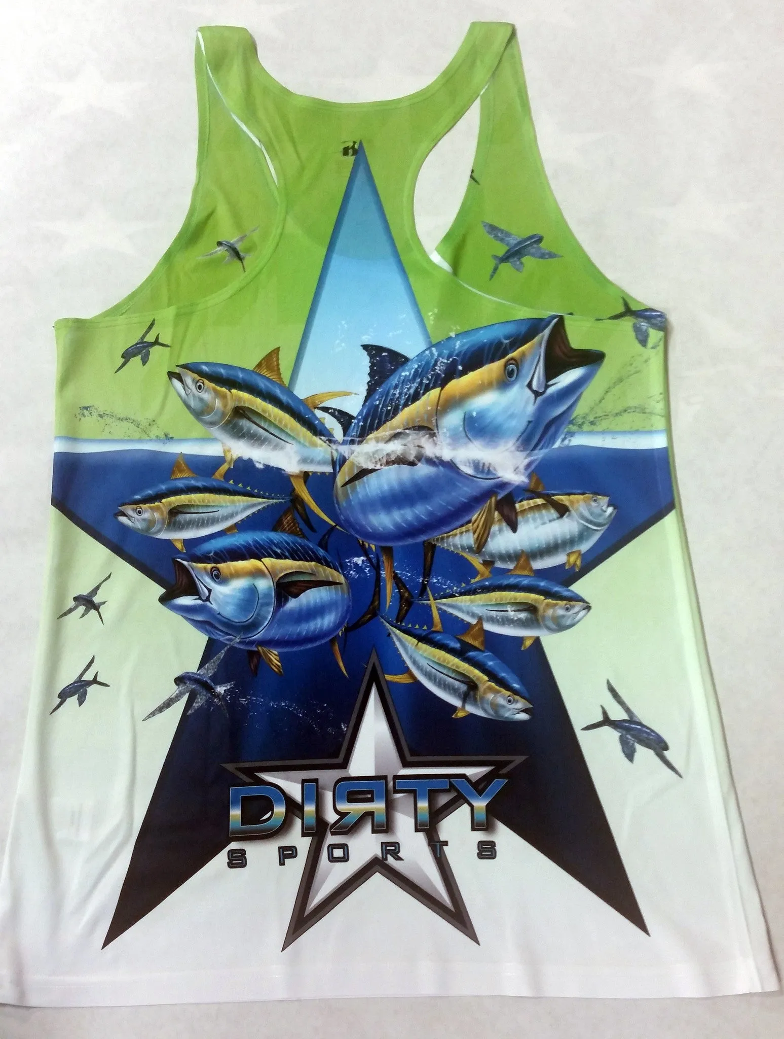 Women's Green TANK w/DIRTY Star Logo on Front, Tuna School on Back