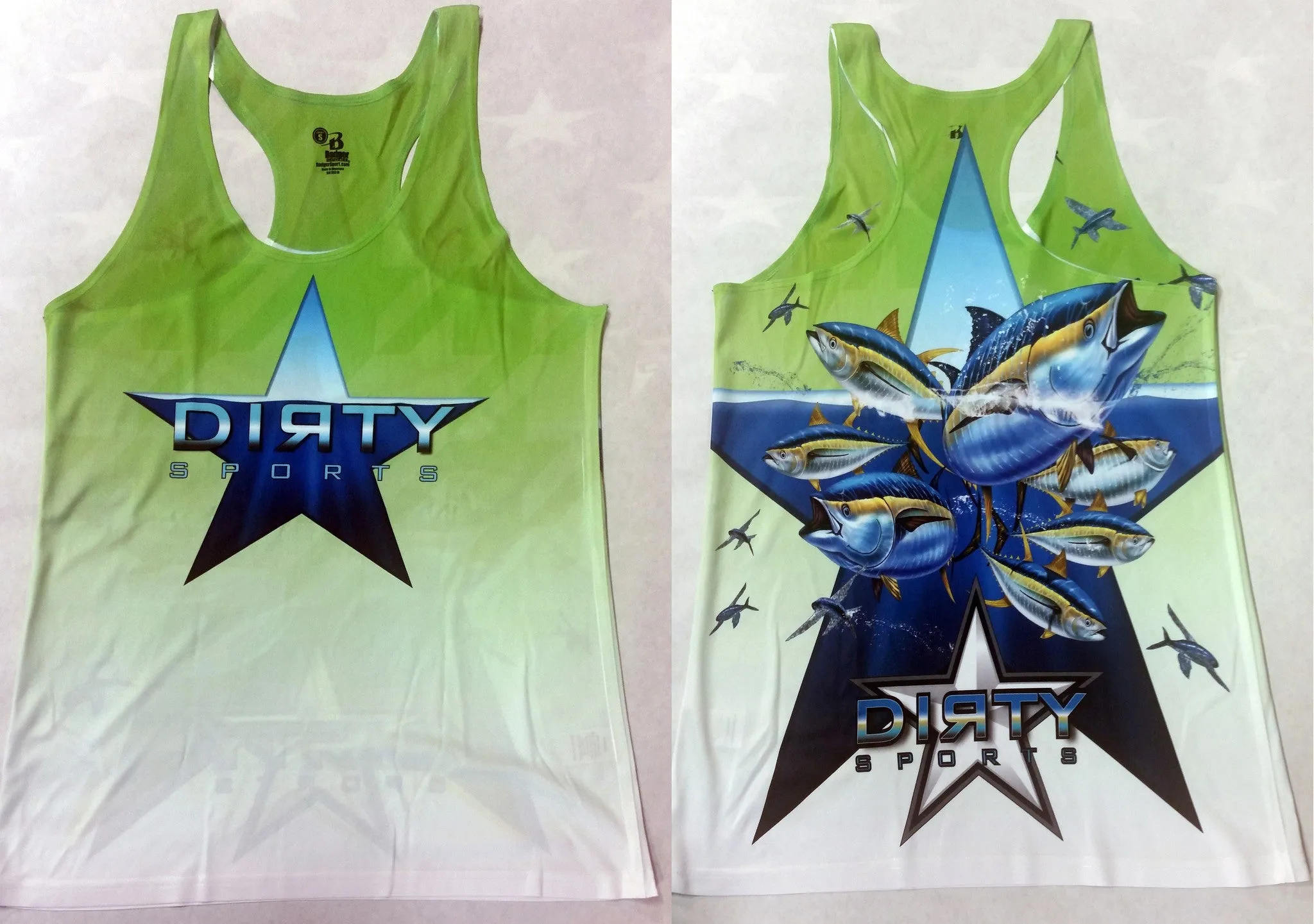 Women's Green TANK w/DIRTY Star Logo on Front, Tuna School on Back