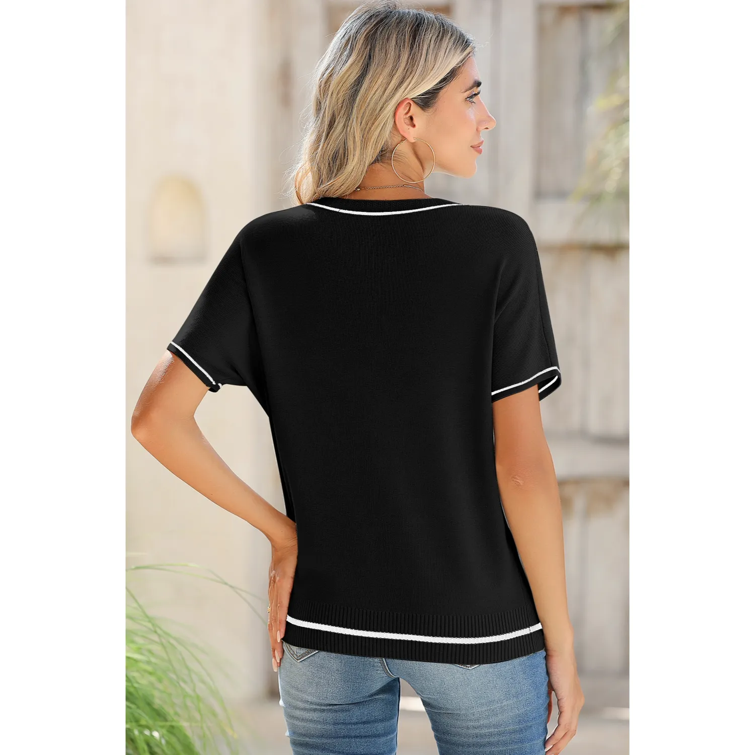 Women's Soft Knit Summer Tops - Crewneck Lightweight Short Sleeve Shirts-Black